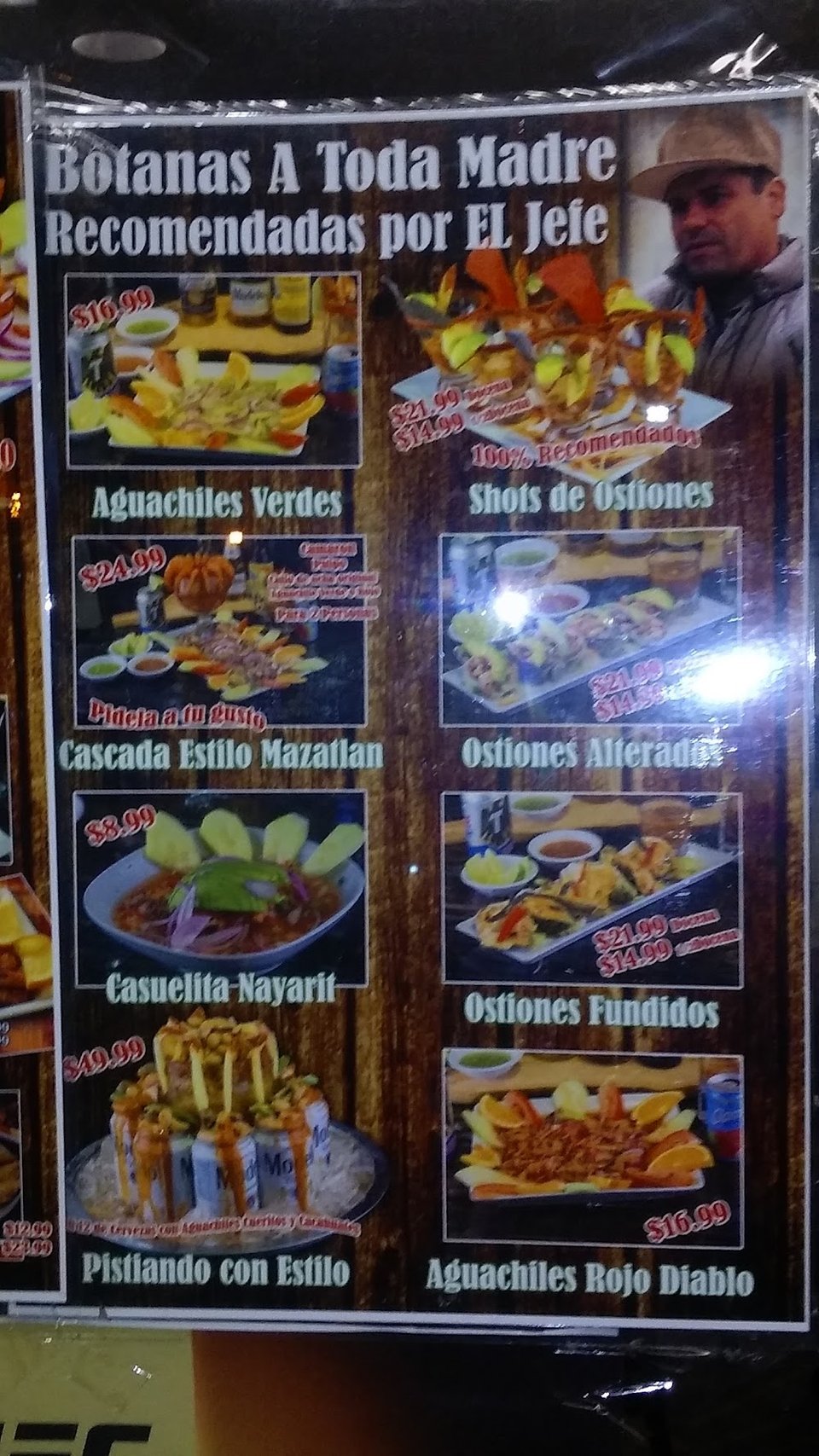 Printed menu showing botanas and tablita sections.